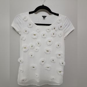 Ann Taylor white shirt with chiffon flowers and yellow gemstone embellishments